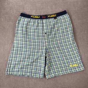 FUBU Vintage Plaid Pajama Shorts Mens XXL Yellow Navy Blue Cotton Sleepwear Y2K